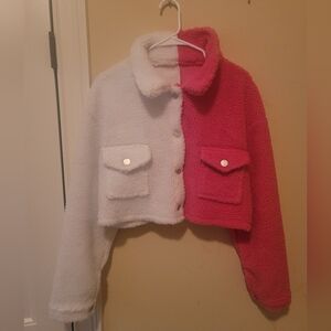 Shein Two-Tone Pink and White Fleece Coat Jacket
